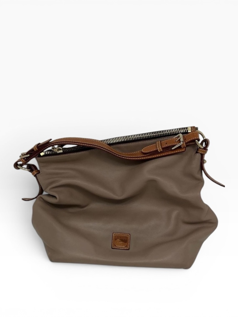 Dooney & Bourke Taupe Leather Shoulder Bag with Brown Trim
